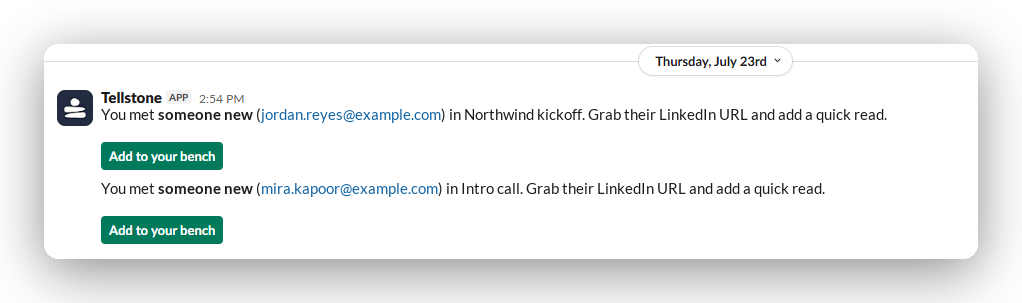 A Slack message saying you met someone new, with an Add to your bench button