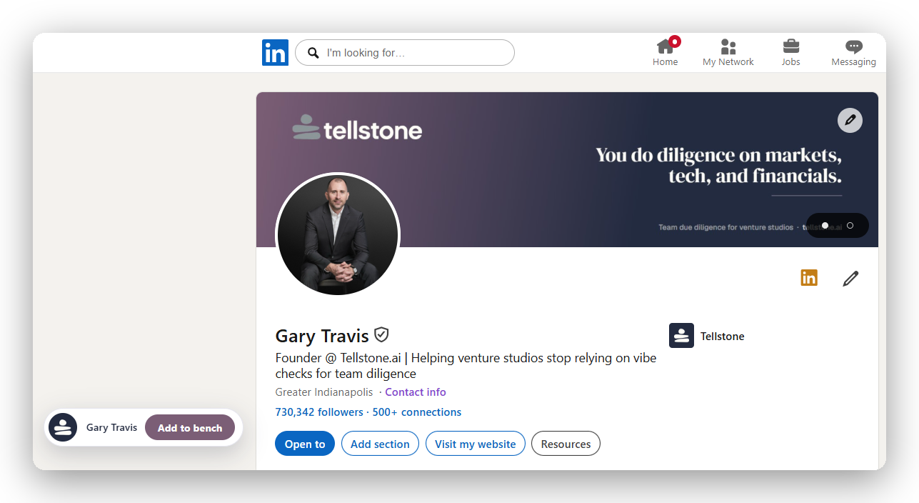An Add to bench button on a LinkedIn profile